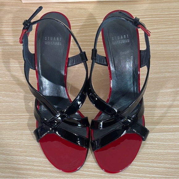 Stuart Weitzman Black Patent Leather Red Wedge Sandals Size 8.5M - Picture 5 of 12
